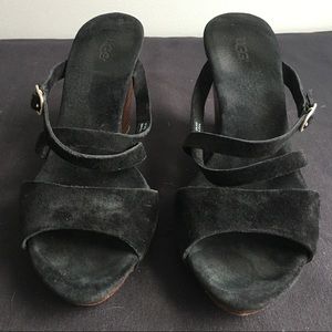 UGG Julita II Black Suede Strappy Wedge Sandals
